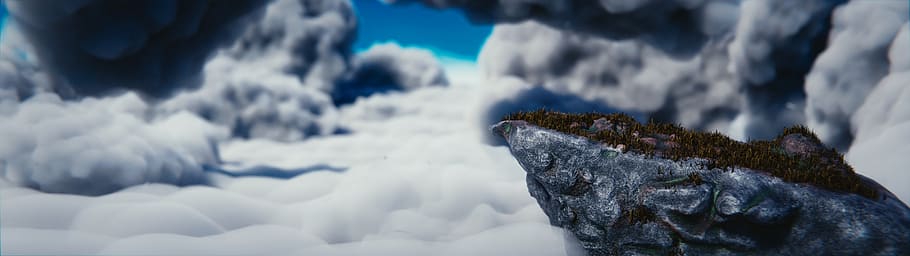 cliff, clouds, mountain, blue, steep, sky, horizon, grass, snow HD wallpaper