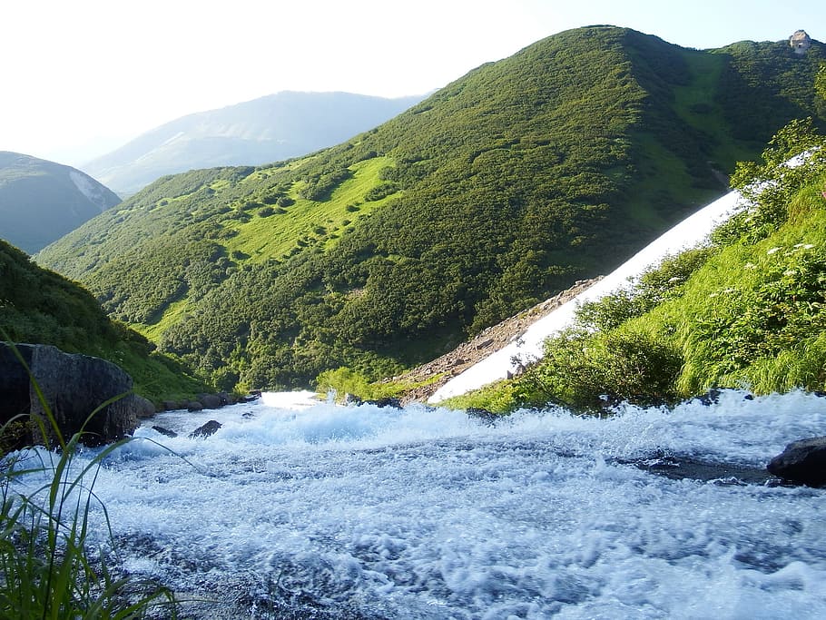 mountains, river, waterfall, rapids, fast water, forest, trees HD wallpaper