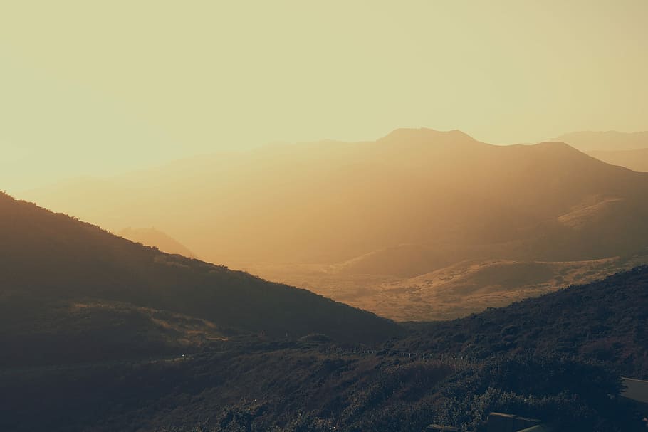 mountain during sunrise, aerial view of mountains, sunset, slope HD wallpaper
