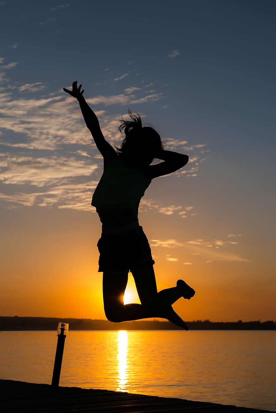 silhouette of woman white jumping, girl, back-light, sunset, women