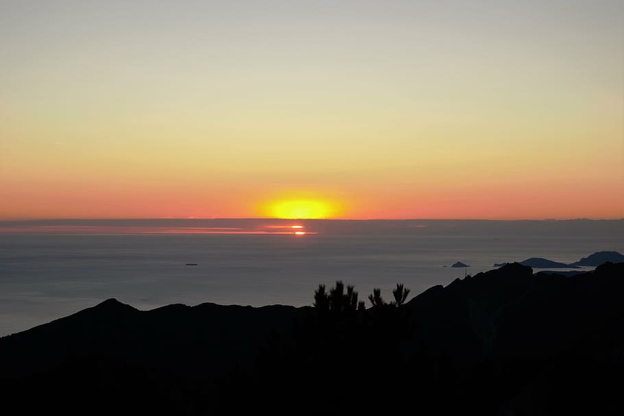 sunset, sea, horizon, sky, backlight, panoramic, landscape HD wallpaper