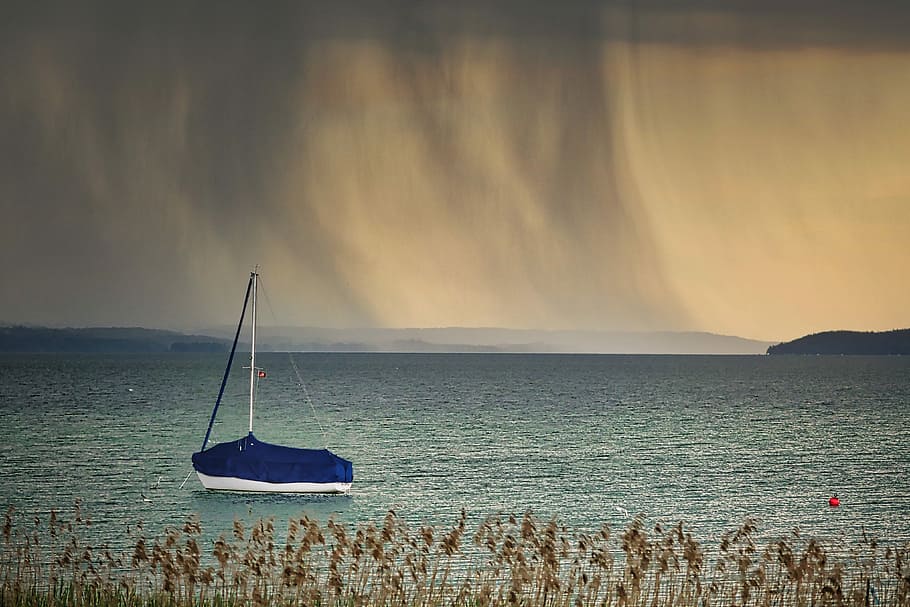 Online crop | HD wallpaper: lake, forward, rain, boat, sunset, nature