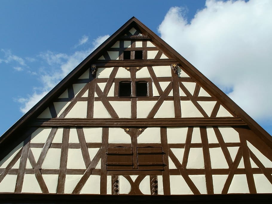 gable, pediment, hockenheim, timber framing, architecture, building, HD wallpaper