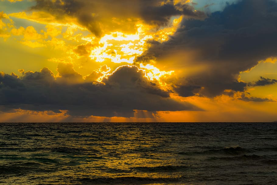 sunset, nature, sunlight, sunbeam, sea, sky, clouds, horizon HD wallpaper