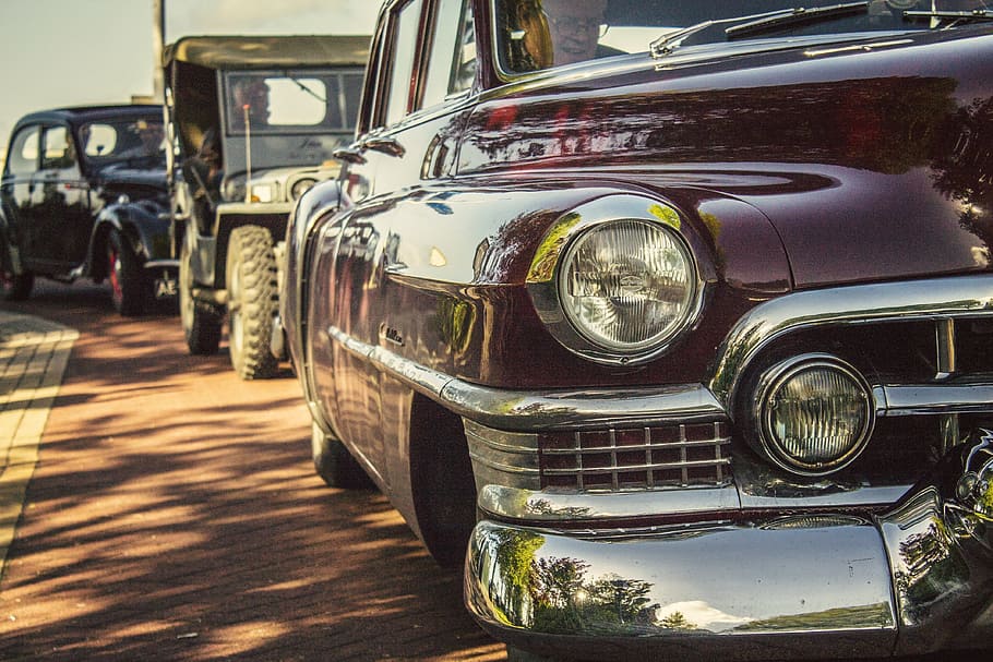selective focus photography of classic maroon car, oldtimer HD wallpaper