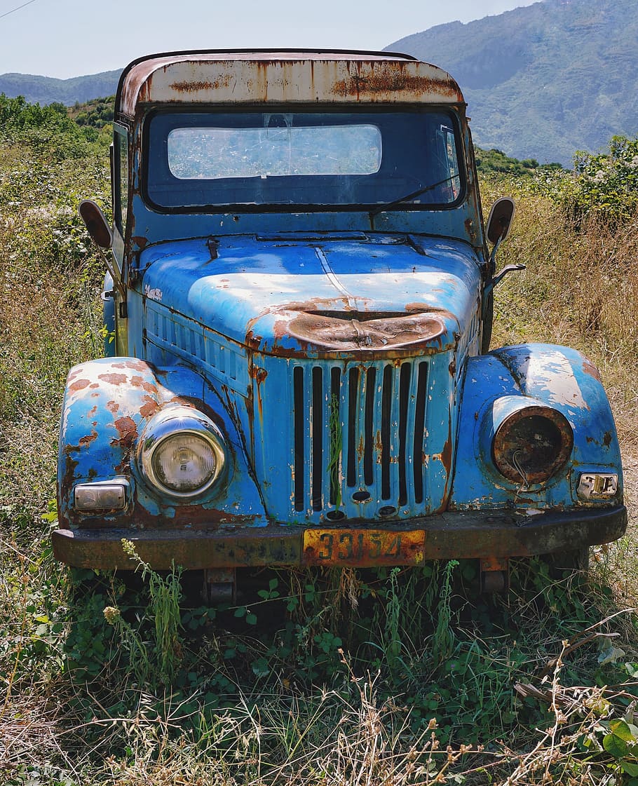 old, wreck, jeep, abandoned, blue, land vehicle, mode of transportation HD wallpaper