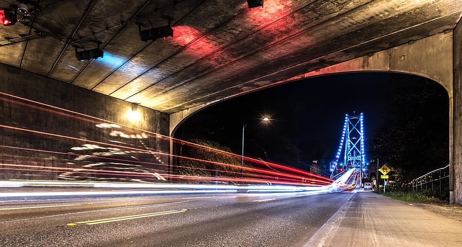 light, road, vehicles, night, architecture, blur, bridge, dark HD wallpaper