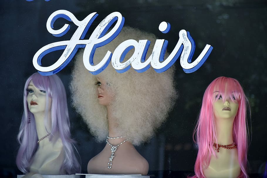 three assorted-color hair wigs, three pink, purple, and white wigs HD wallpaper