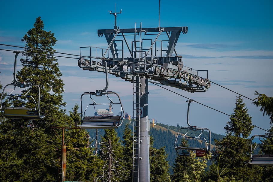 cableway, forest, trees, sky, klínovec, clouds, plant, nature HD wallpaper