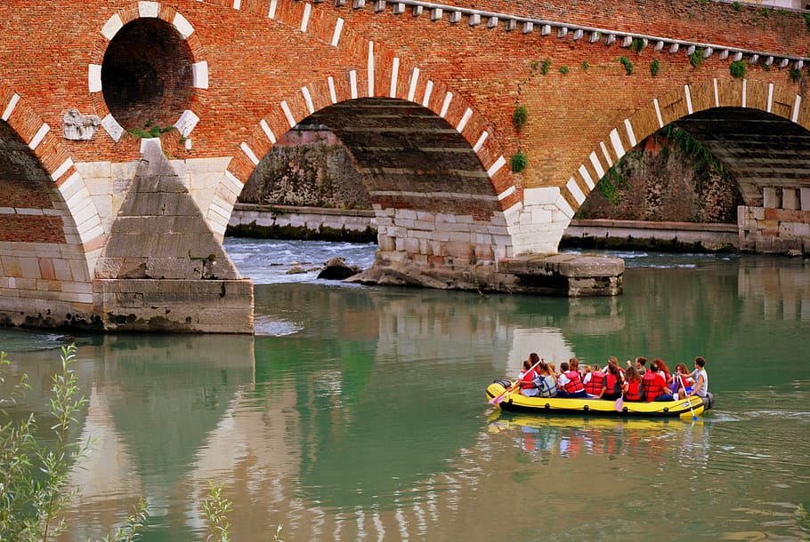 inflatable, row, stone bridge, verona, adige, river, monument HD wallpaper