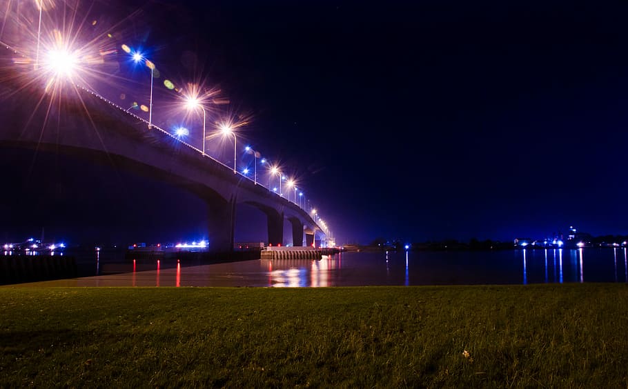 bridge, light, water, river, night, architecture, illuminated HD wallpaper