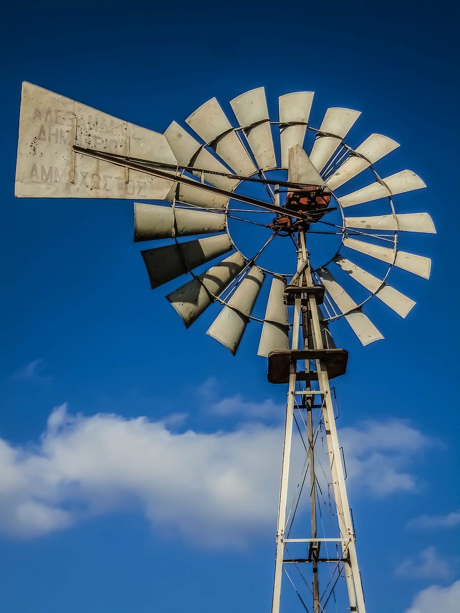 cyprus, windmill, water, sky, alternative energy, renewable energy HD wallpaper