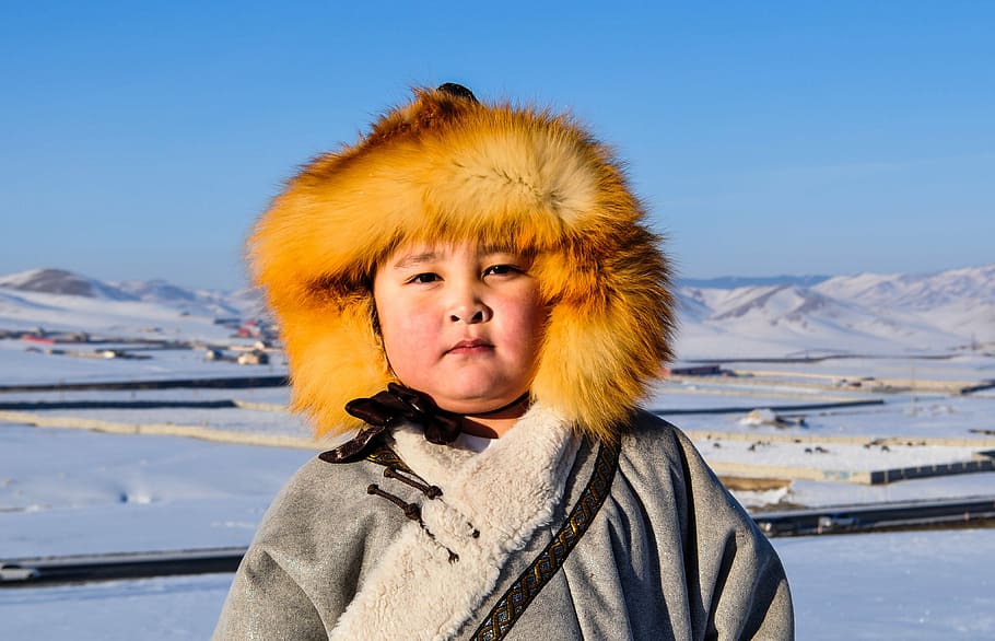 boy, winter, kid, mongolia, snow, cold, hat, fur, tranquil HD wallpaper