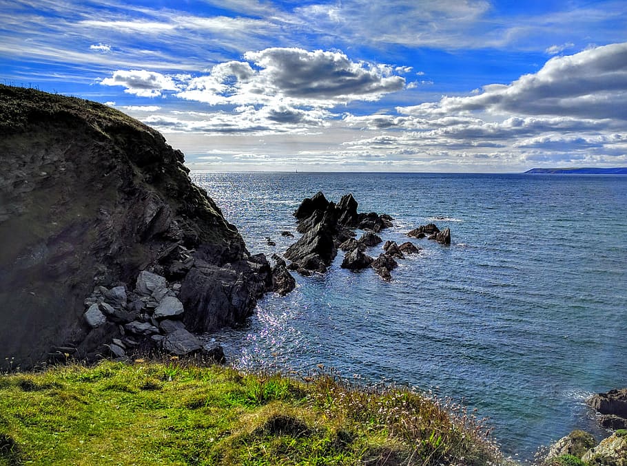 rocks, sea, coast, cornwall, clouds, horizon, seascape, nature HD wallpaper