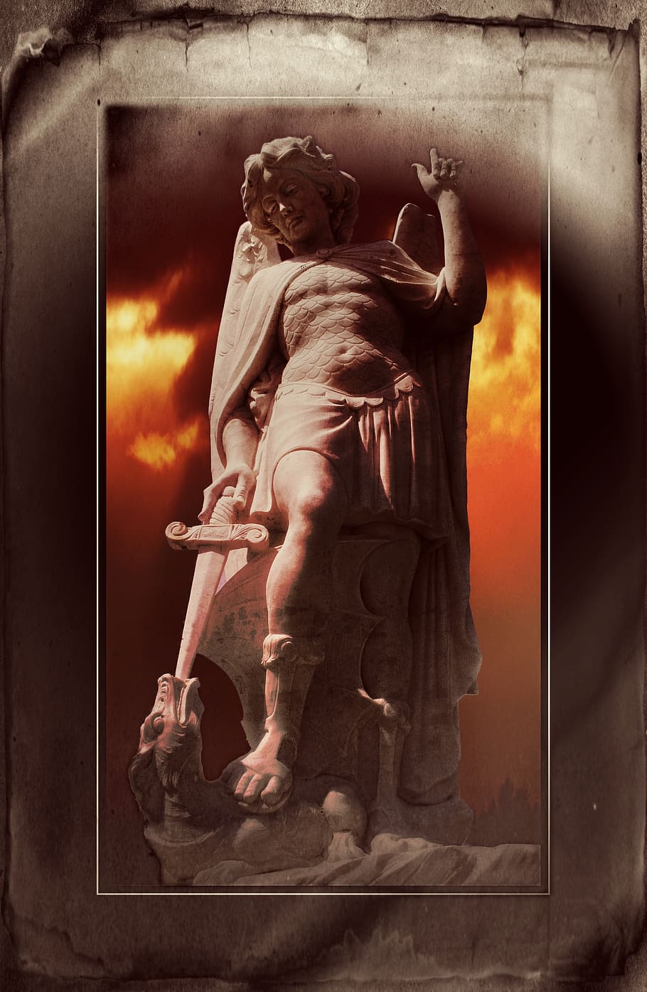 statue, archangel michael, dragon sword, cemetery, religion, HD wallpaper