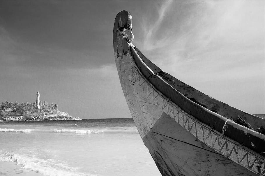 South India, City, Kerala, kovalam, beach, ocean, black And White