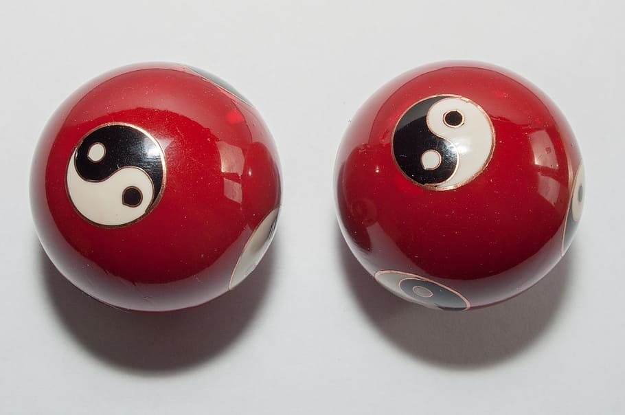 qi gong, balls, red, hollow balls, yin, yang, about, metal