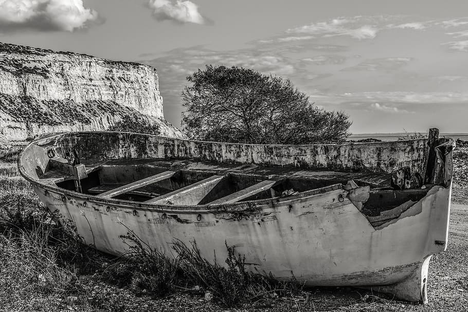 Boat, Weathered, Aged, Abandoned, Broken, beach, landscape