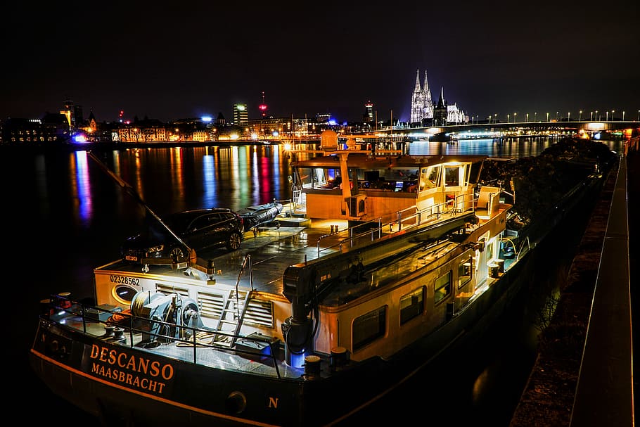 cologne, deutzer bridge, boot, port, lights, night, night photograph HD wallpaper