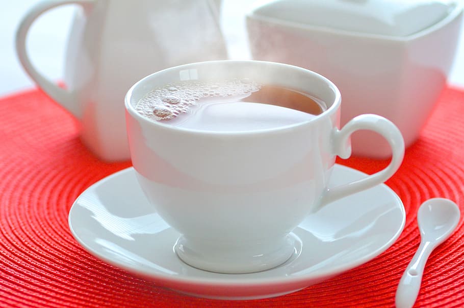 white ceramic cup filled with brown liquid, tea, drink, hot HD wallpaper