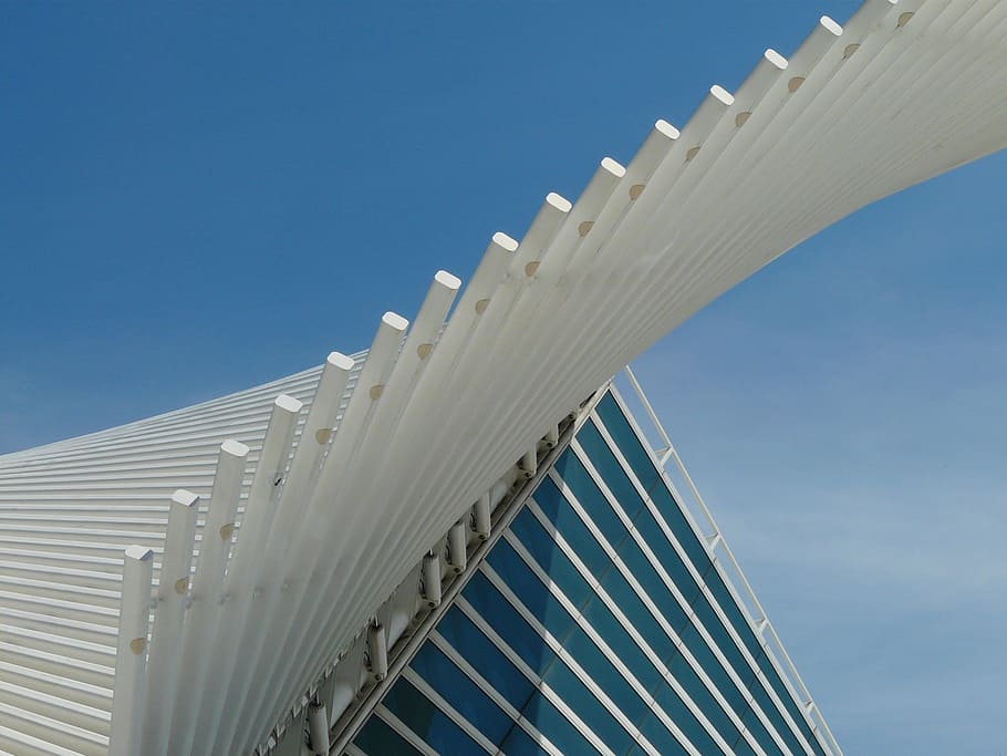 low angle photography of building, milwaukee art museum, museum of fine arts