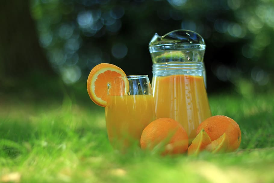 orange juice and fruits on green grass at daytime, drink, summer HD wallpaper