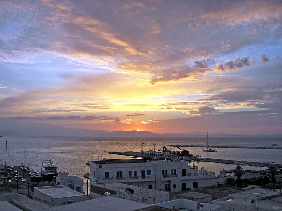 sunset, naxos, cyclades, hellas, aegean sea, greece, port motifs HD wallpaper