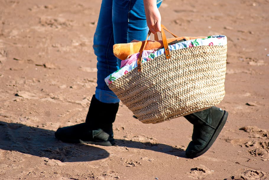 Bag, Walking, Sand, Beach, Cane, Towel, one person, adult, holding HD wallpaper