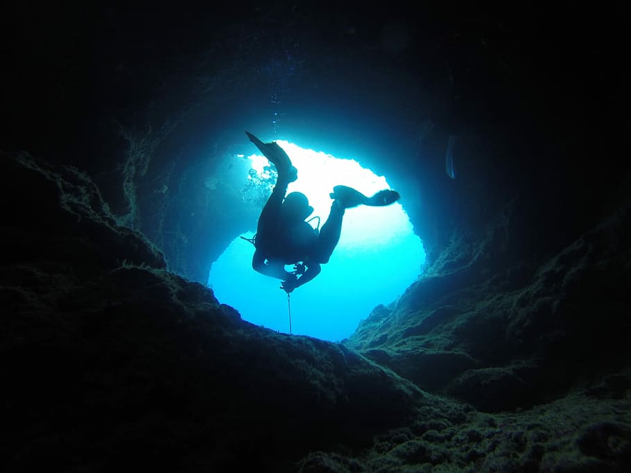 person in scuba diving suit in cave underwater, palau, pacific, HD wallpaper
