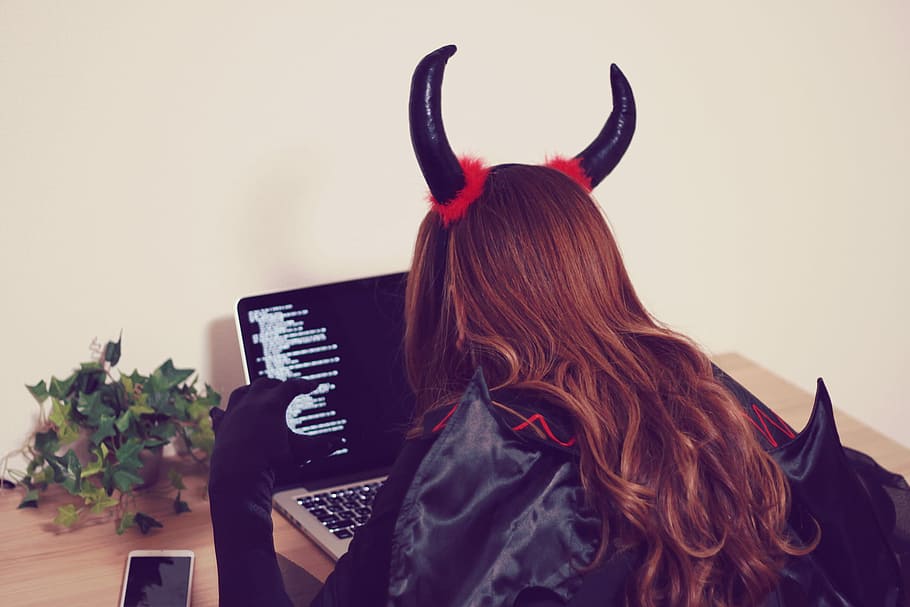 woman wearing black-and-red costume while using laptop, women HD wallpaper