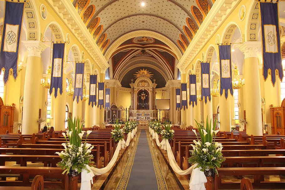 yellow and blue painted church interior, wedding, bride, marriage
