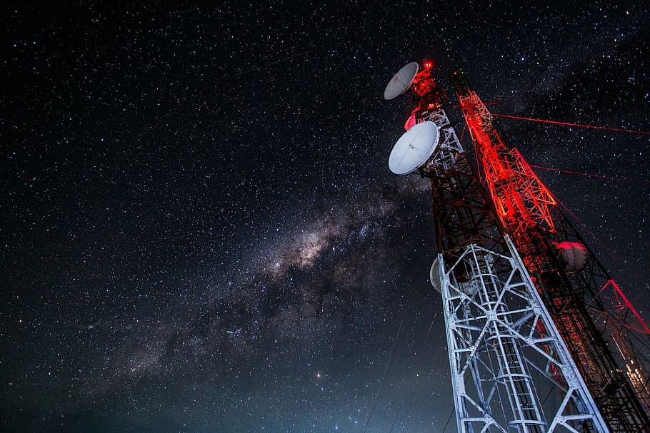 two white satellite dishes photo during nighttime, tower, antennas