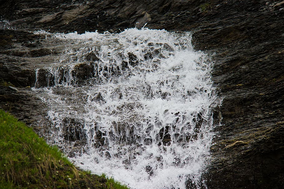 mountain stream, waterfall, waters, bubble, nature, stones HD wallpaper