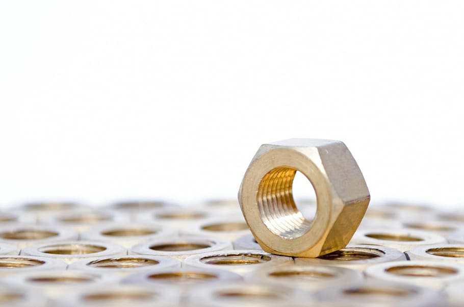 gold-colored metal hex nut, metallic, white, tool, head, screw