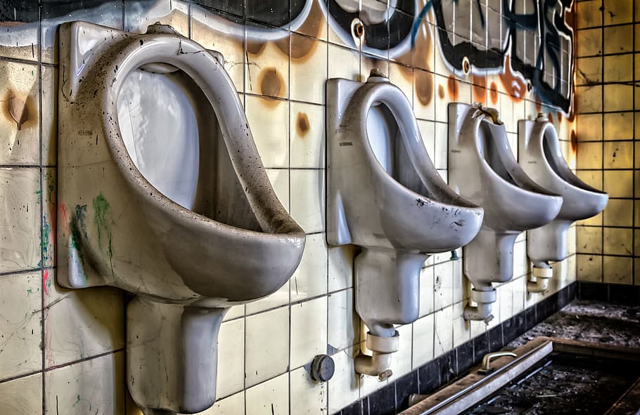 four gray ceramic urinals, toilet, lost places, wc, pforphoto