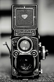 black Rolleiflex folding camera, lens, viewfinder, aperture HD wallpaper
