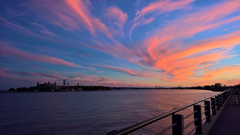 sunset, river, water, landscape, blue, twilight, scenery, city HD wallpaper
