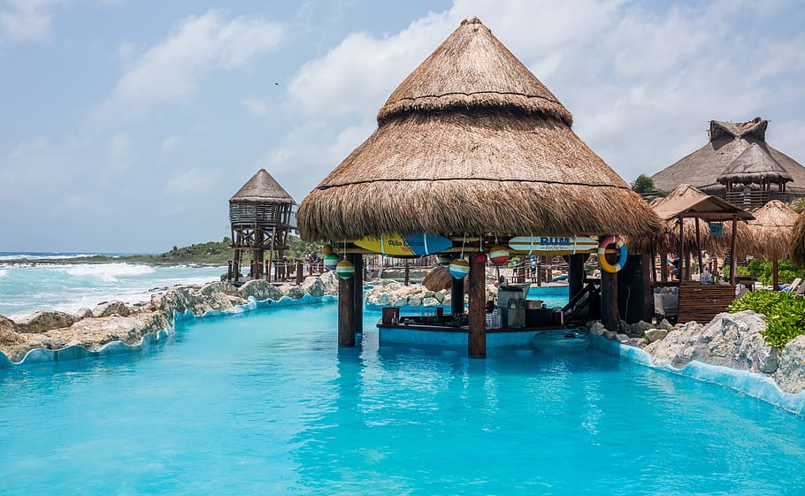 costa maya, swim up bar, hut, caribbean, beach, leisure, vacation, HD wallpaper