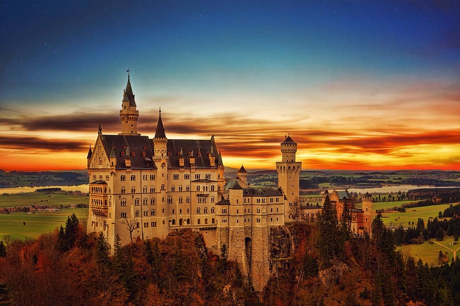 Neuschwanstein Castle, Germany, white and brown castle, Hohenzollern Castle