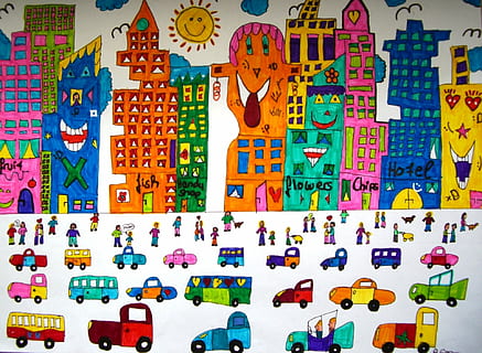 cars and buildings illustration, image, painted, autos, city HD wallpaper