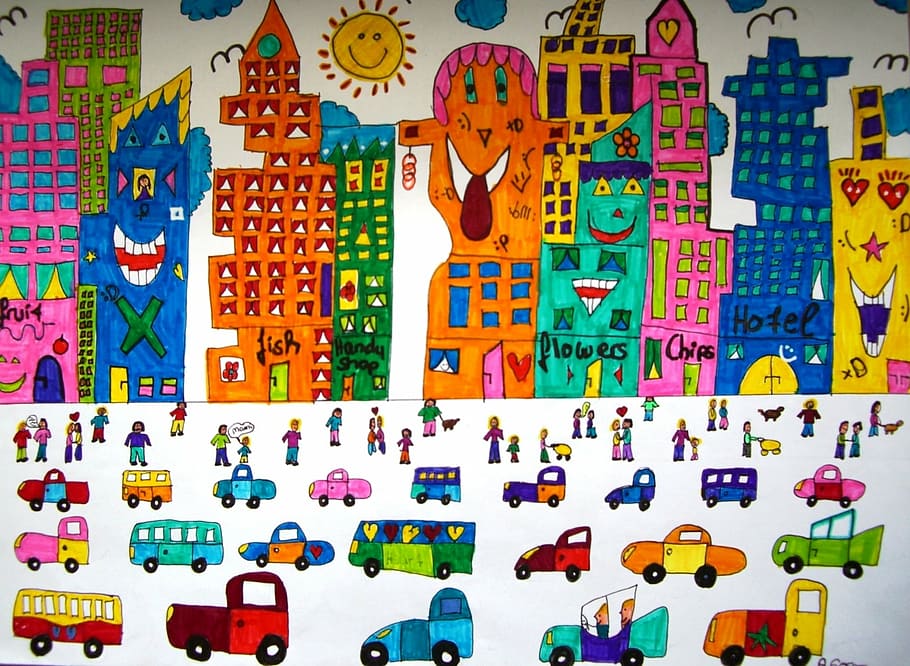 cars and buildings illustration, image, painted, autos, city HD wallpaper