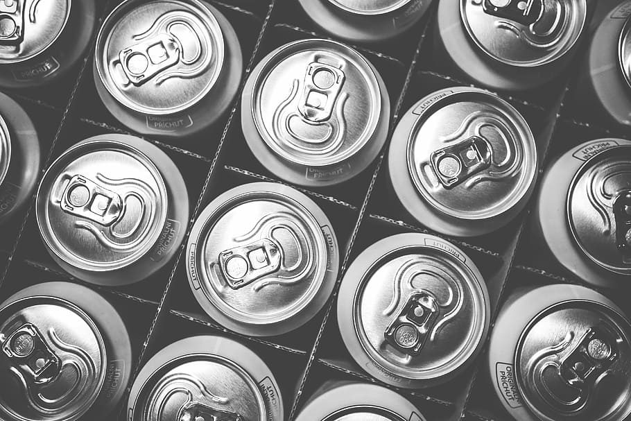 Pattern of Soda Drink Cans, black and white, bw, energy drink, HD wallpaper