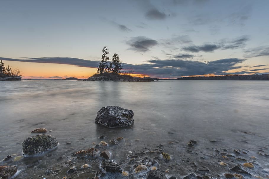 body of water, island, dusk, sunset, ocean, nautical, nature HD wallpaper