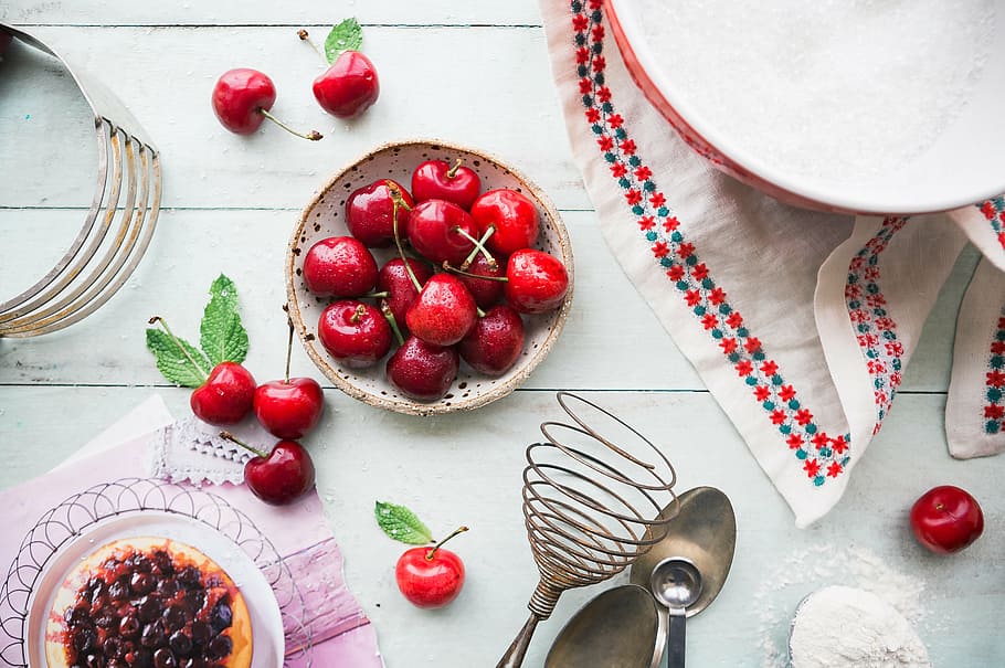bunch of cherry on bowl beisde plate, fruit, kitchen, utensils HD wallpaper