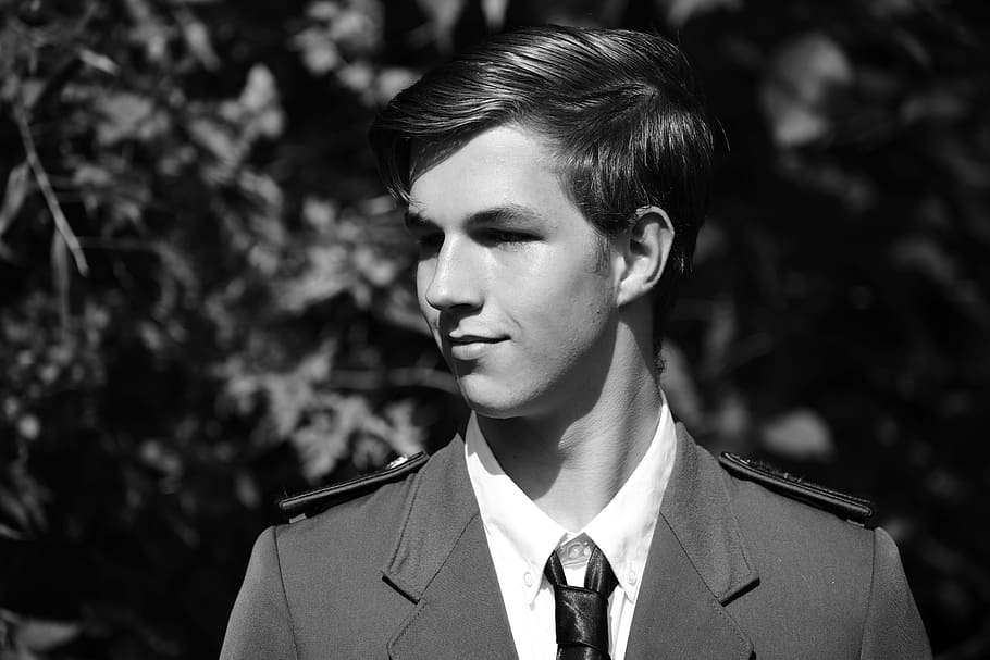 grayscale portrait photo of man in uniform, son, happy, young HD wallpaper