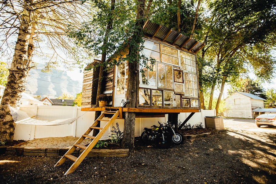 brown wooden tree house, nature, architecture, small, motorcycle HD wallpaper