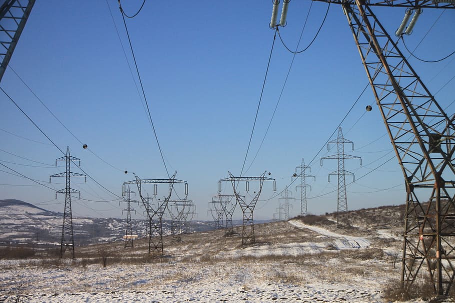 electrical, energy, high, lines, poles, power, snow, voltage HD wallpaper
