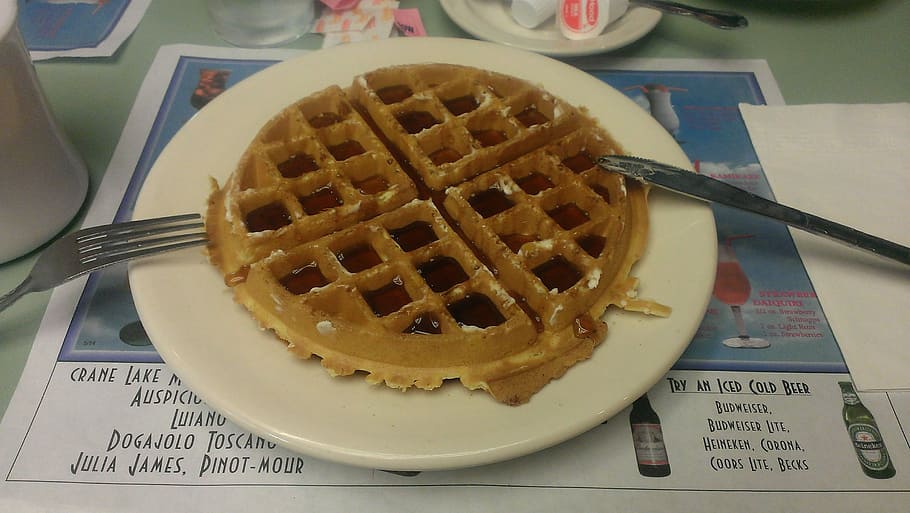 waffles, syrup, diner, breakfast, food, plate, sweet, tasty HD wallpaper