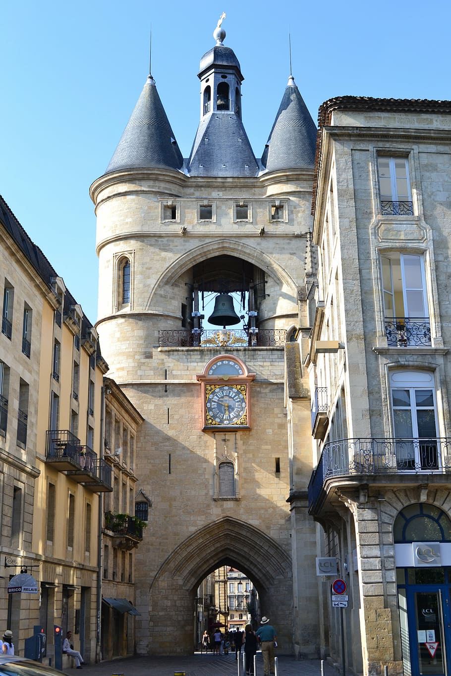 large bell, bordeaux, door, arc, street, clock, aquitaine, gironde