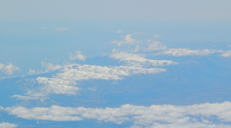 Sky, Clouds, Flight, Mountains, Plane, air, snowy peaks, nature HD wallpaper